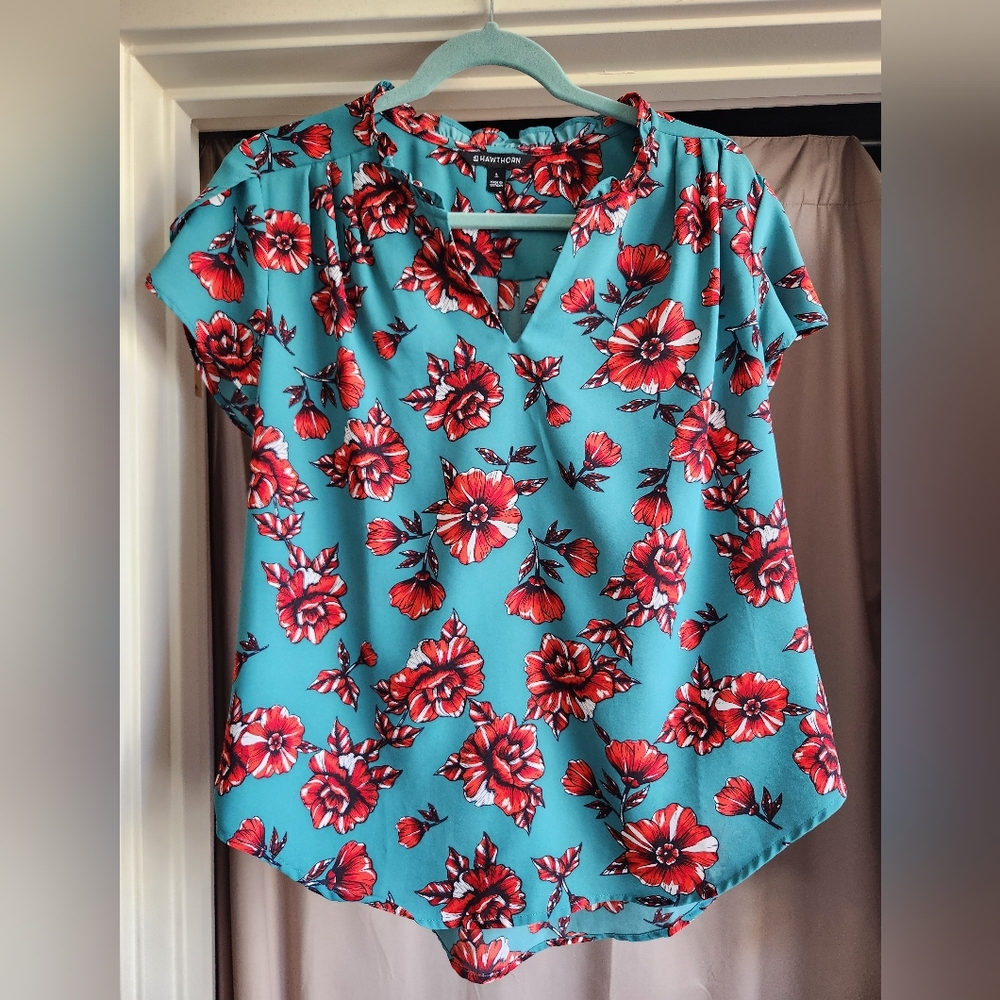 Floral Blouse with Red and Blue Design
